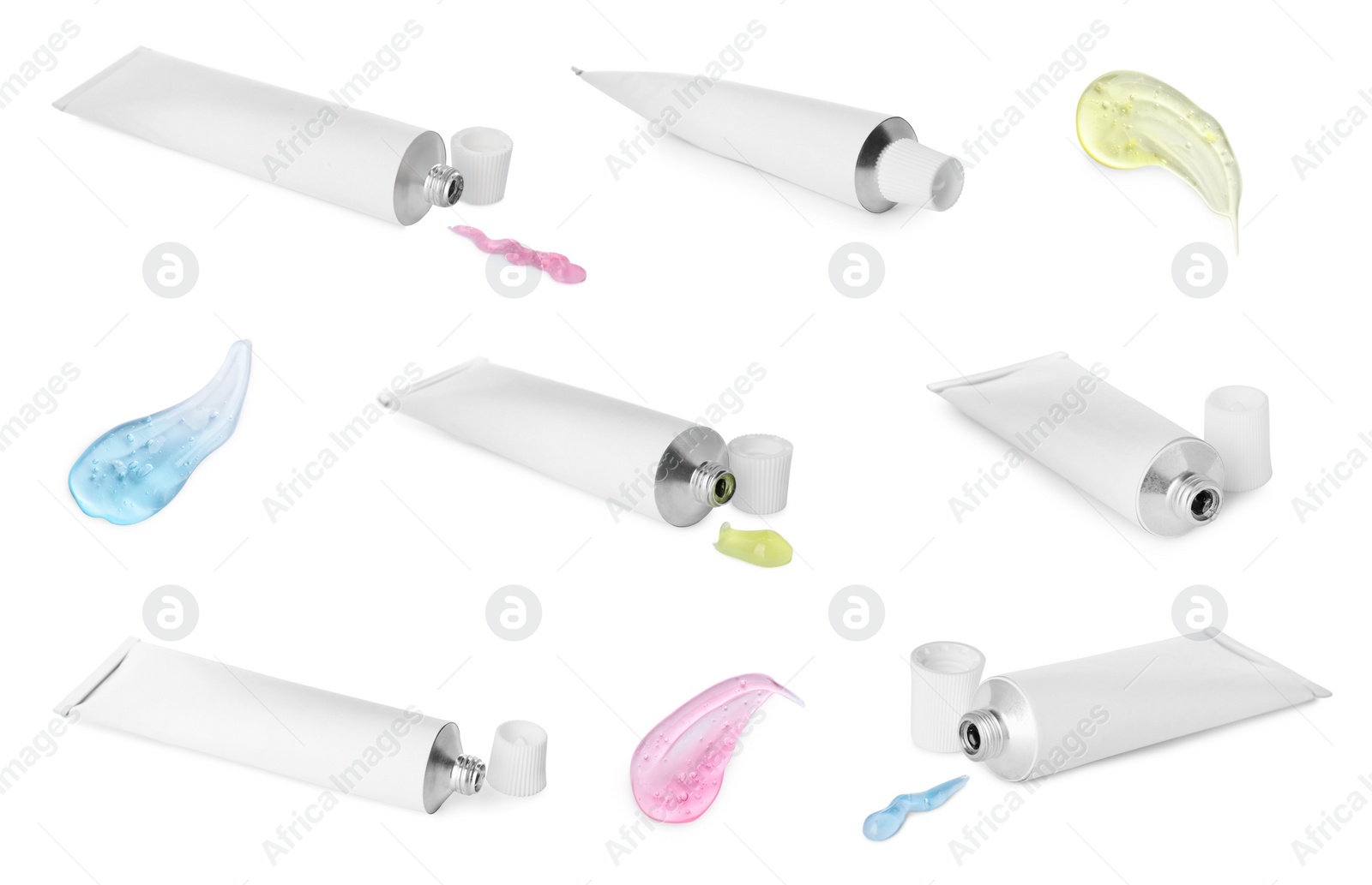 Image of Collage with tubes of ointments on white background