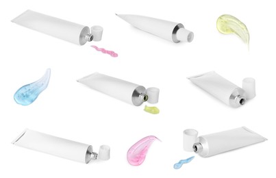 Image of Collage with tubes of ointments on white background