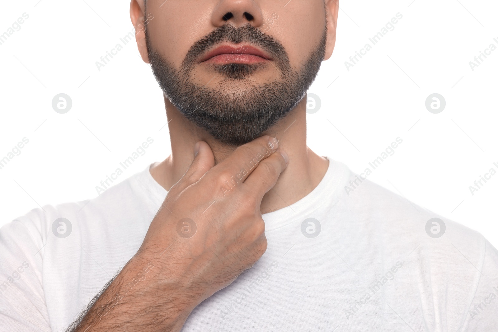 Photo of Endocrine system. Man doing thyroid self examination on white background, closeup