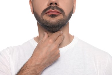 Photo of Endocrine system. Man doing thyroid self examination on white background, closeup