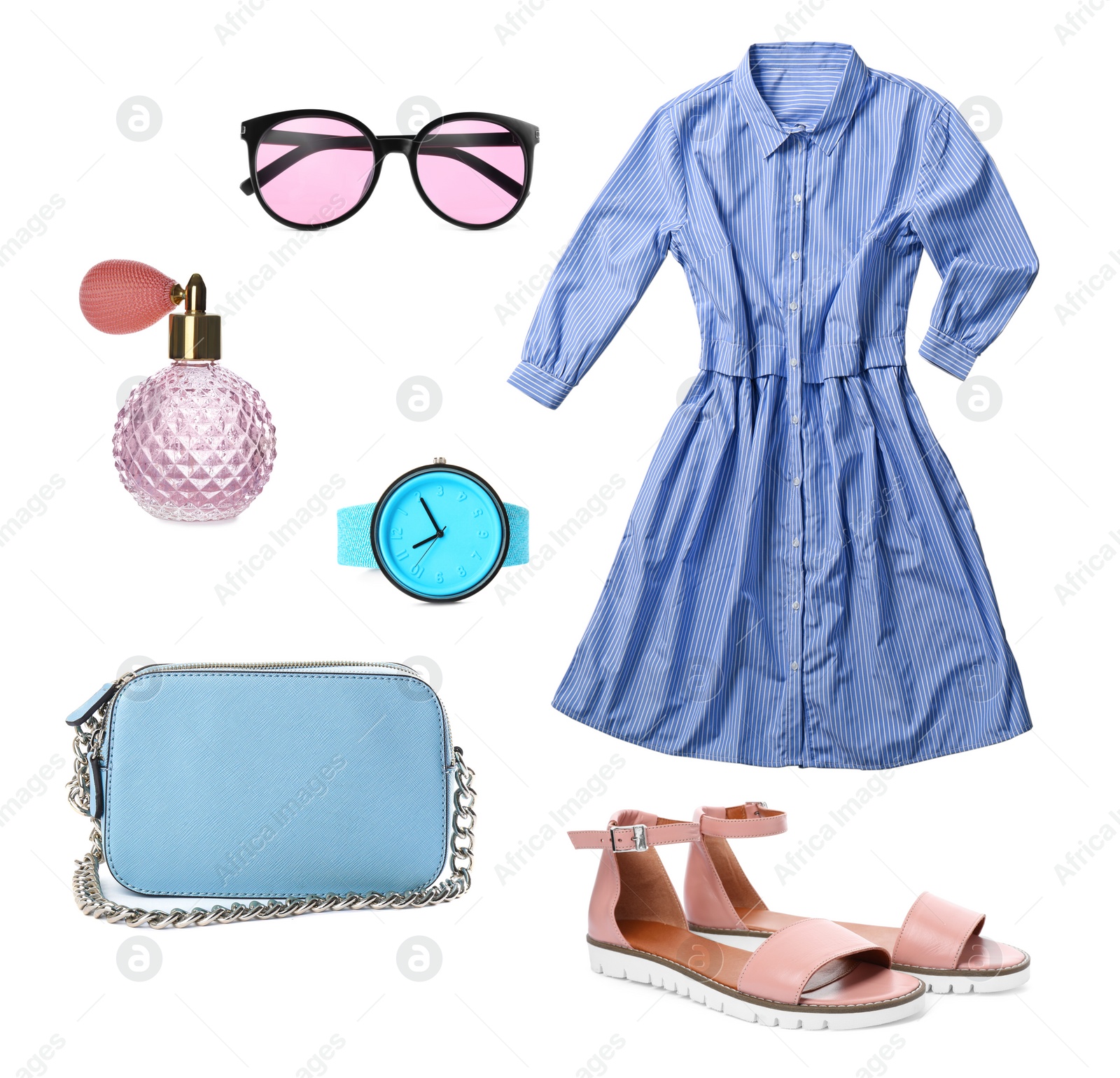 Image of Stylish outfit. Collage with dress, shoes, accessories and perfume for woman on white background