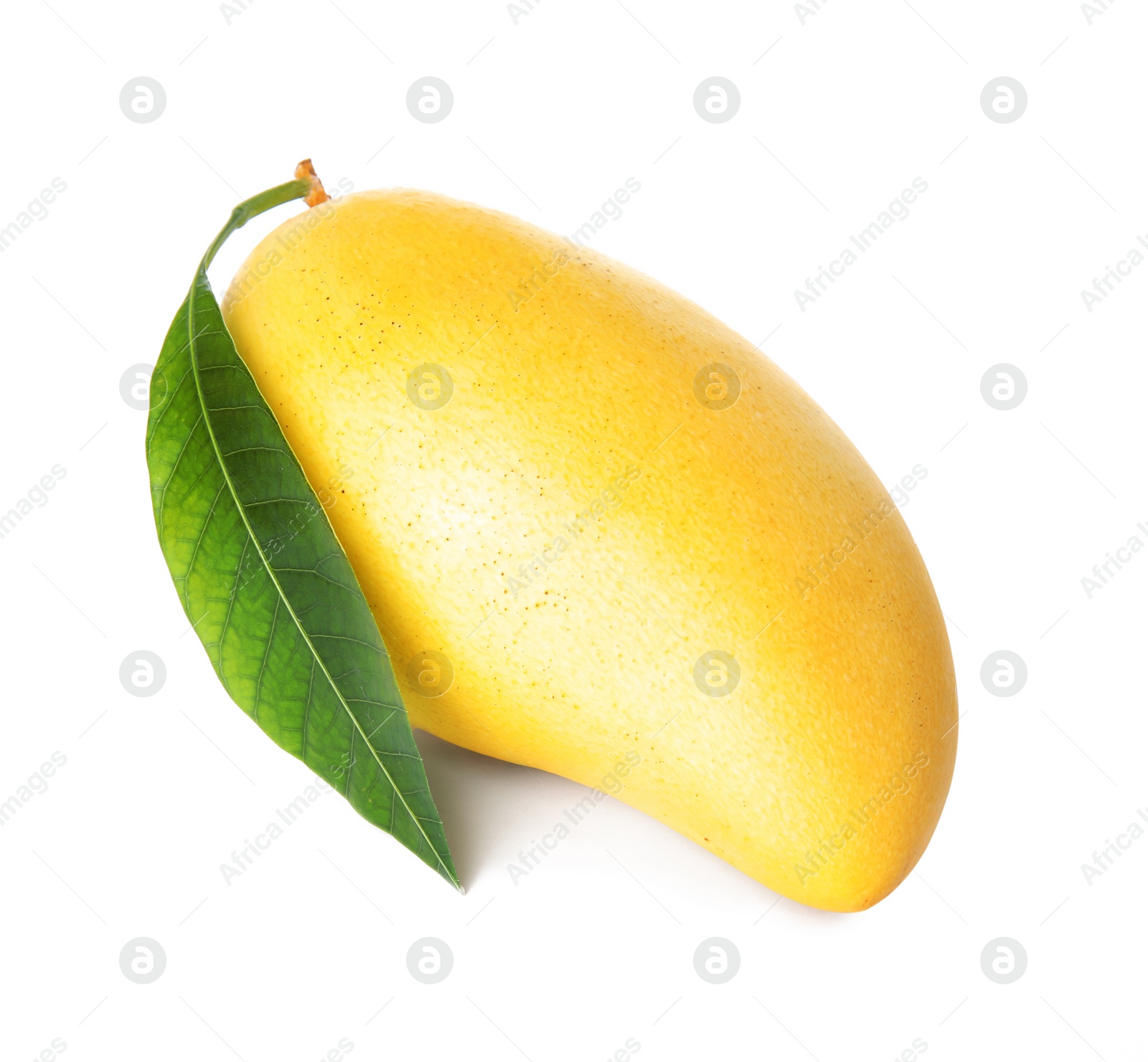 Photo of Fresh ripe mango with green leaf isolated on white