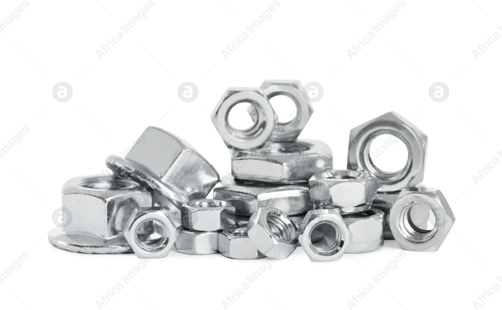 Photo of Many different metal nuts on white background