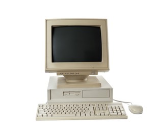 Old computer monitor, system unit, keyboard and mouse on white background