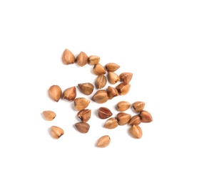 Uncooked buckwheat on white background, top view