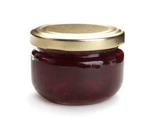 Jar with tasty sweet jam on white background