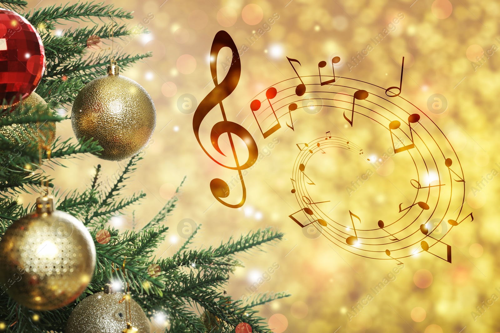 Image of Music notes swirling near Christmas tree on blurred background, bokeh effect