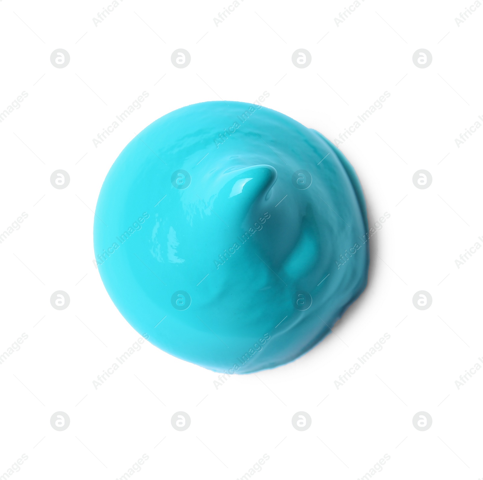 Photo of Sample of turquoise paint on white background, top view