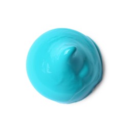 Photo of Sampleturquoise paint on white background, top view