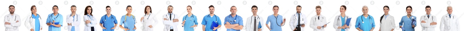 Image of Collage with photos of doctors on white background. Banner design