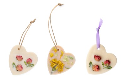 Image of Beautiful heart shaped scented sachets with dried flowers on white background, collage