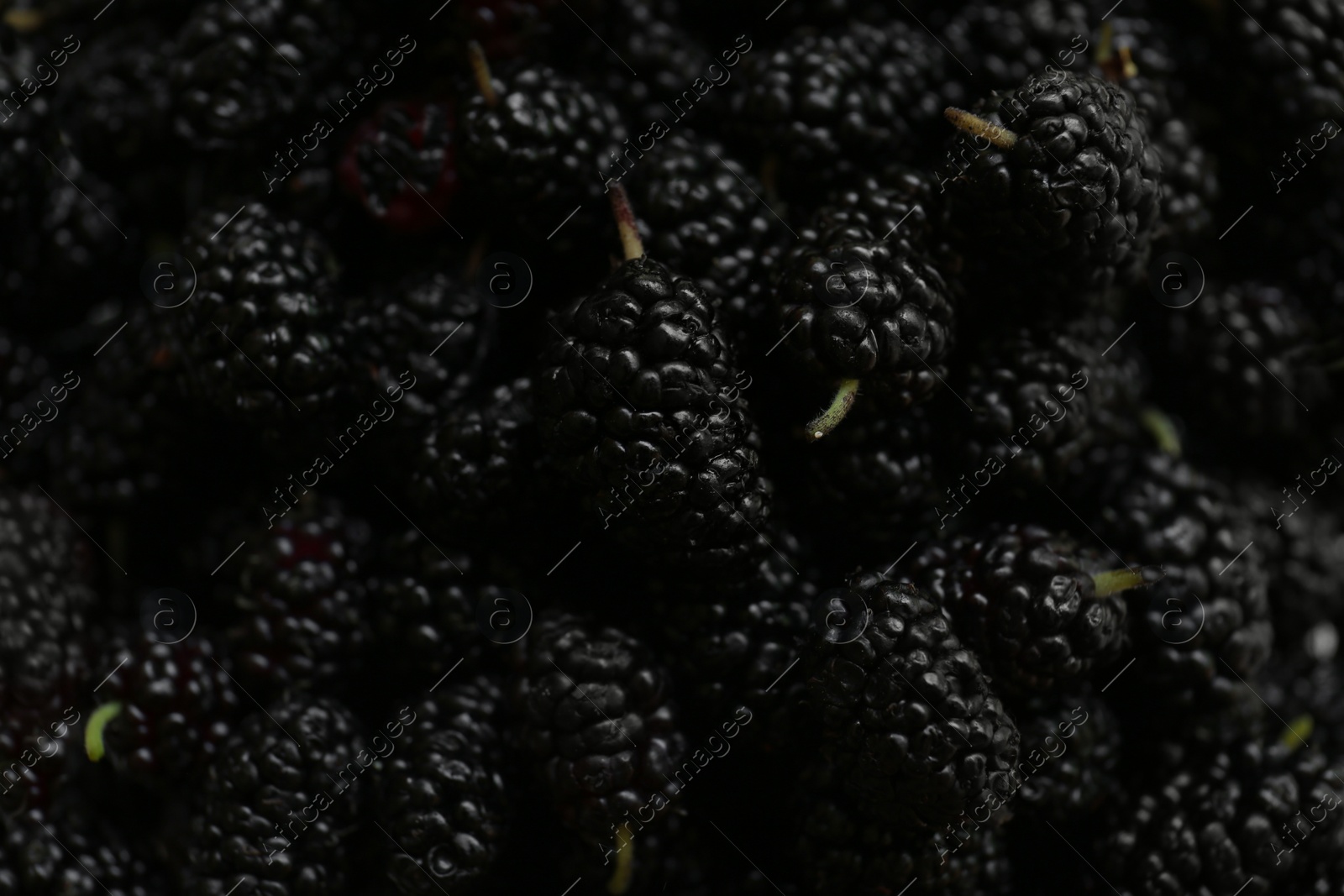 Photo of Heap of delicious ripe black mulberries as background, closeup