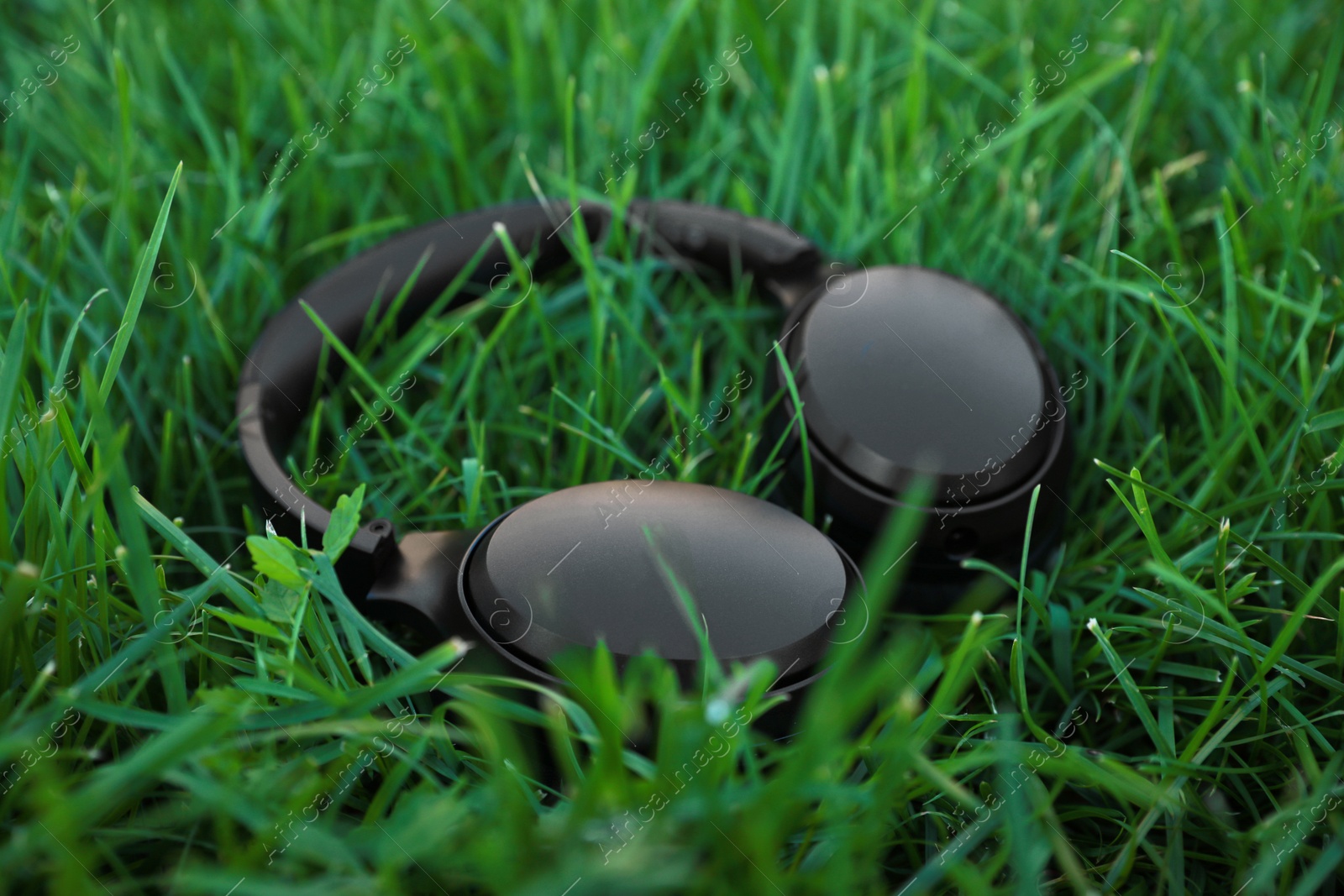 Photo of Black wireless headphones on green grass outdoors, closeup