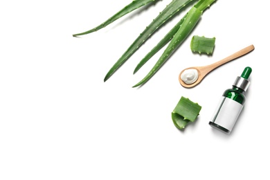 Photo of Flat lay composition with aloe vera on white background. Space for text