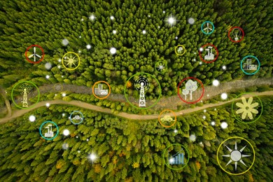 Image of Digital icons of sustainable development goals and view of beautiful forest