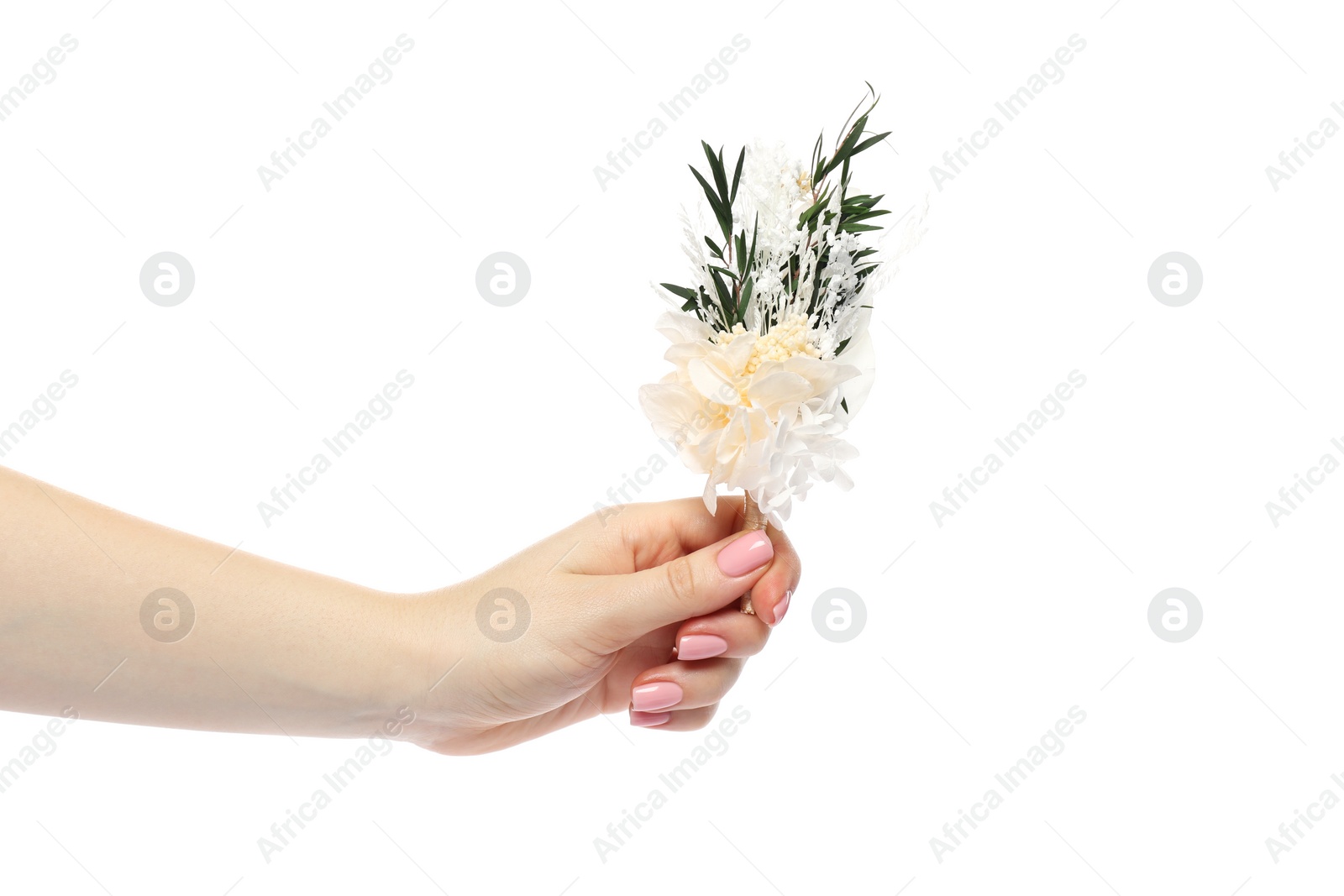 Photo of Woman holding stylish boutonniere on white background, closeup