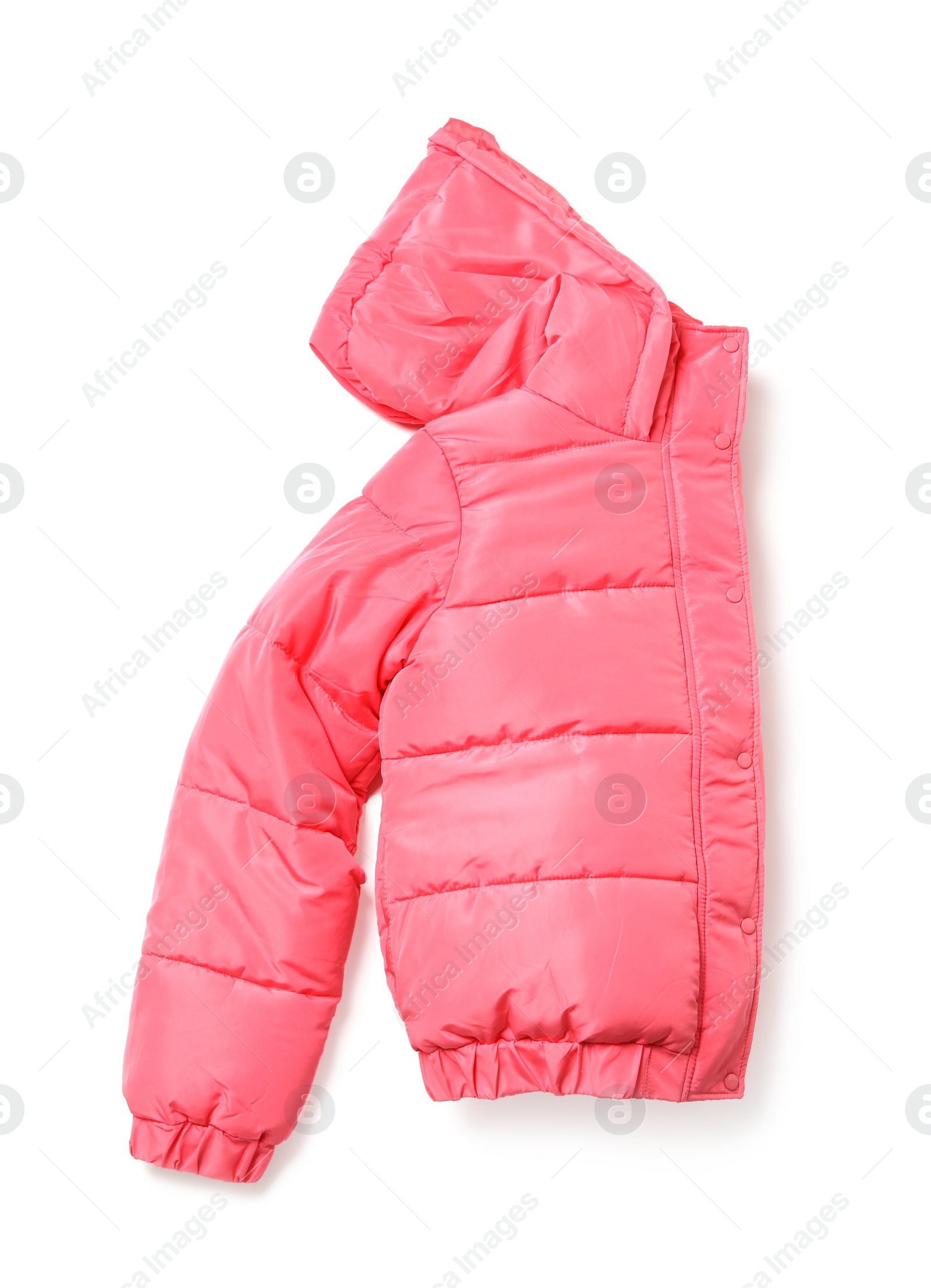 Photo of Pink warm women's jacket isolated on white, top view