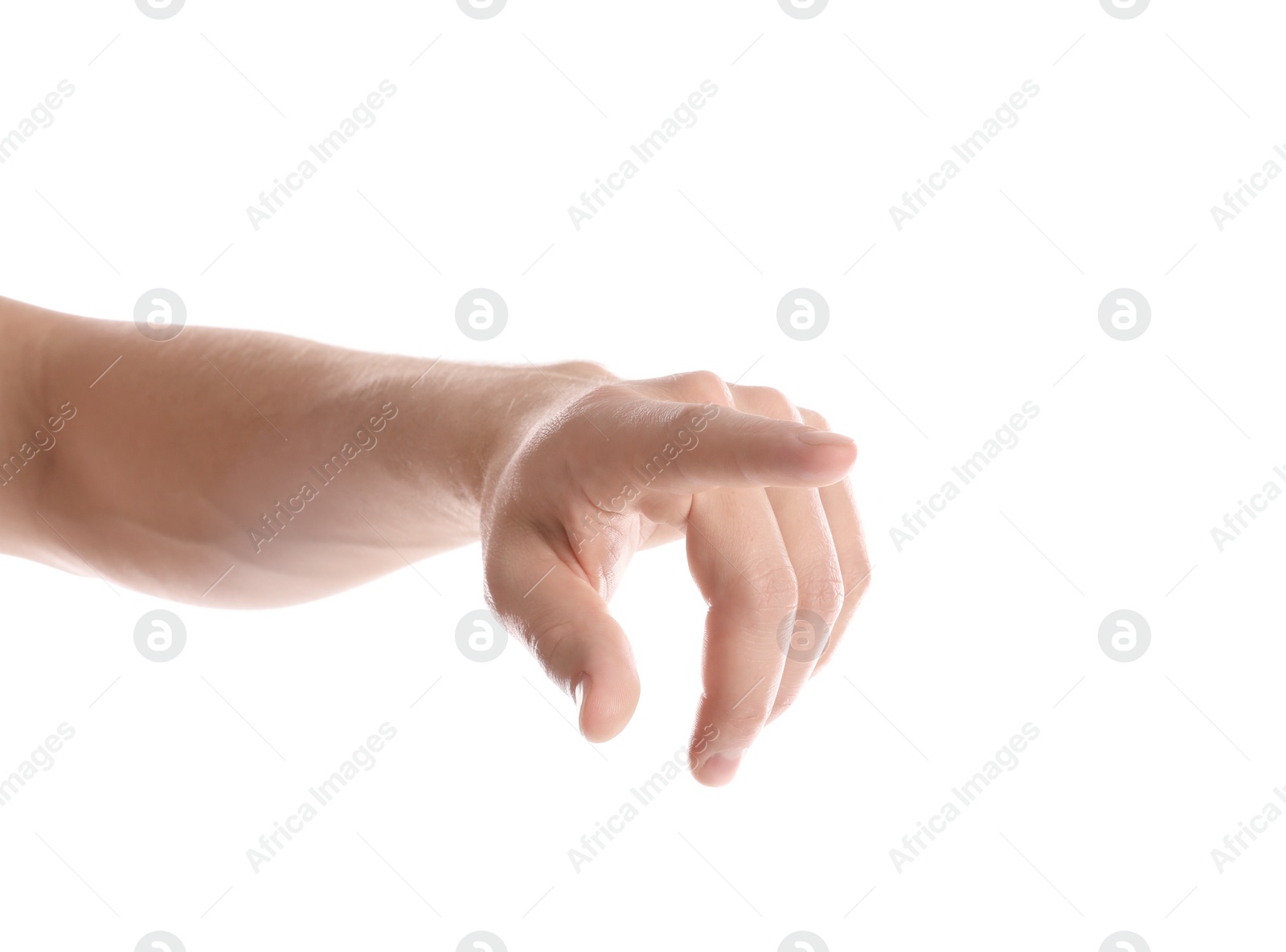 Photo of Man pointing at something on white background, closeup of hand