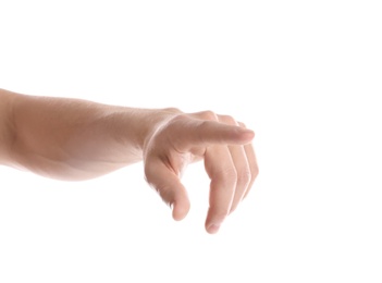 Man pointing at something on white background, closeup of hand