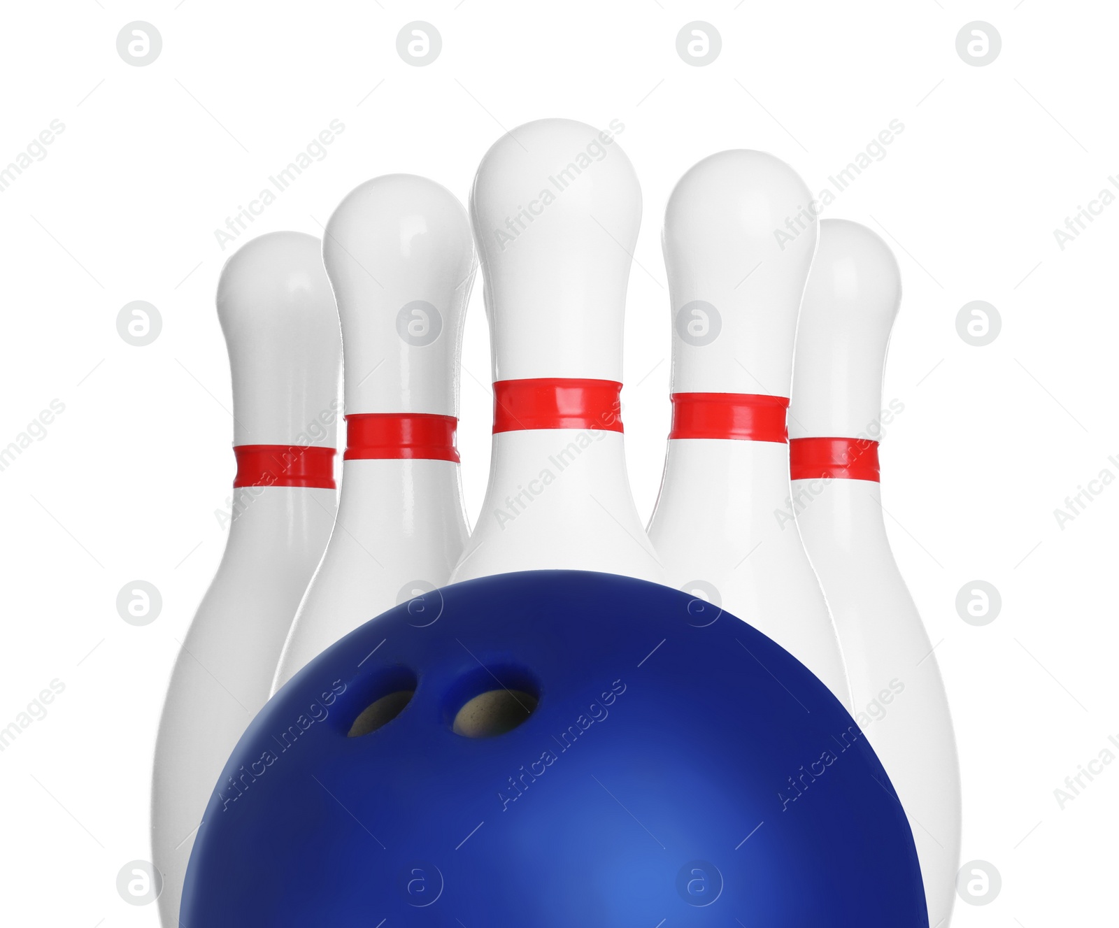 Image of Blue bowling ball and pins on white background