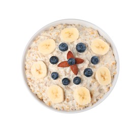 Photo of Tasty boiled oatmeal with banana, blueberries and almonds in bowl isolated on white, top view