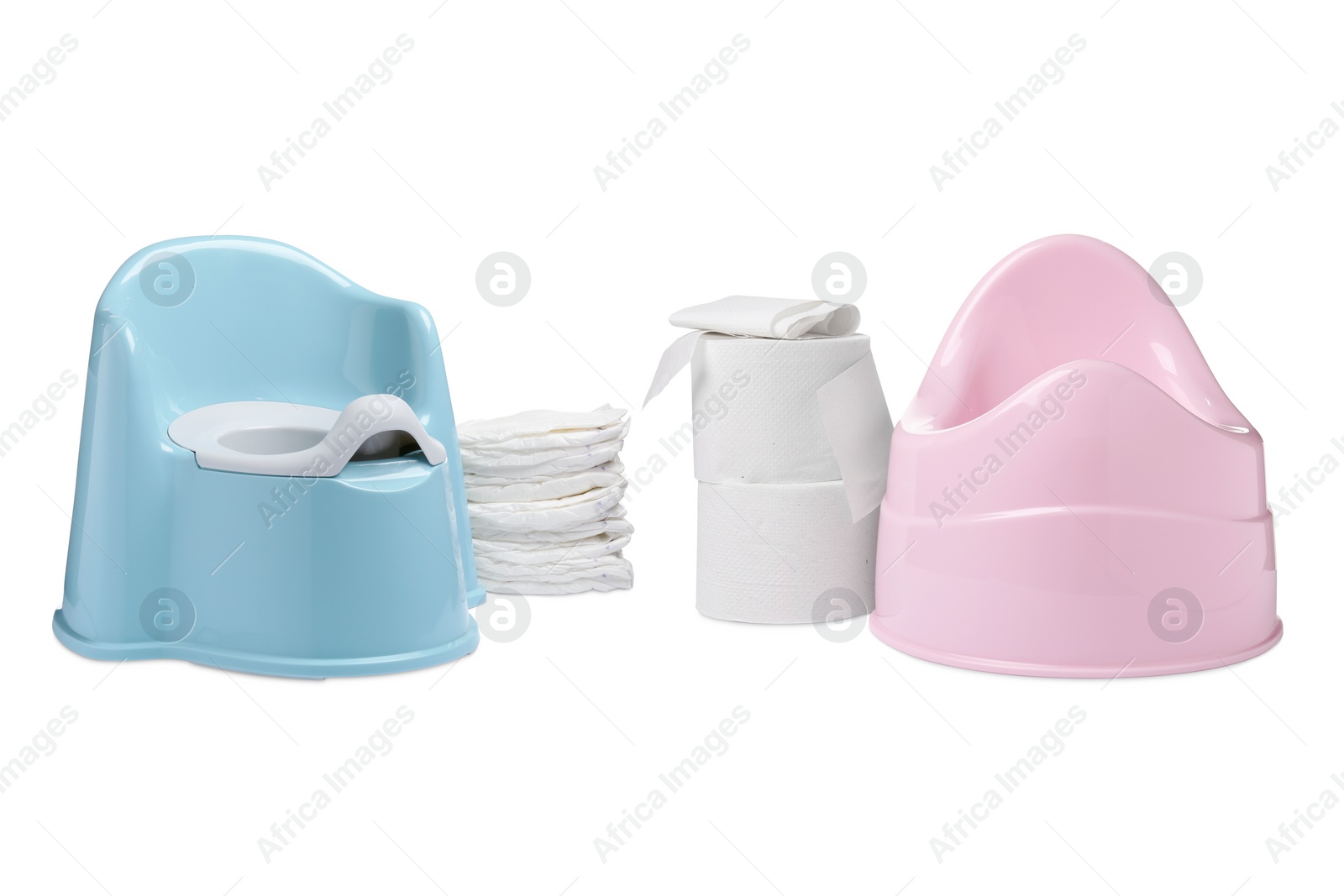 Image of Light blue and pink baby potties, toilet paper and diapers isolated on white