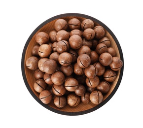 Photo of Bowl with organic Macadamia nuts on white background, top view