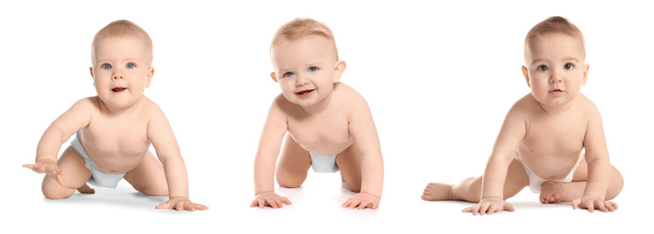 Collage with photos of cute babies crawling on white background. Banner design