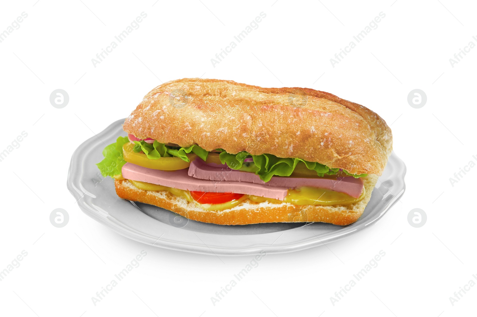 Photo of Tasty sandwich with boiled sausage, cheese and vegetables isolated on white