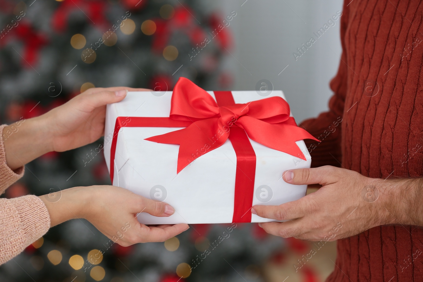 Image of Couple with Christmas gift at home, closeup