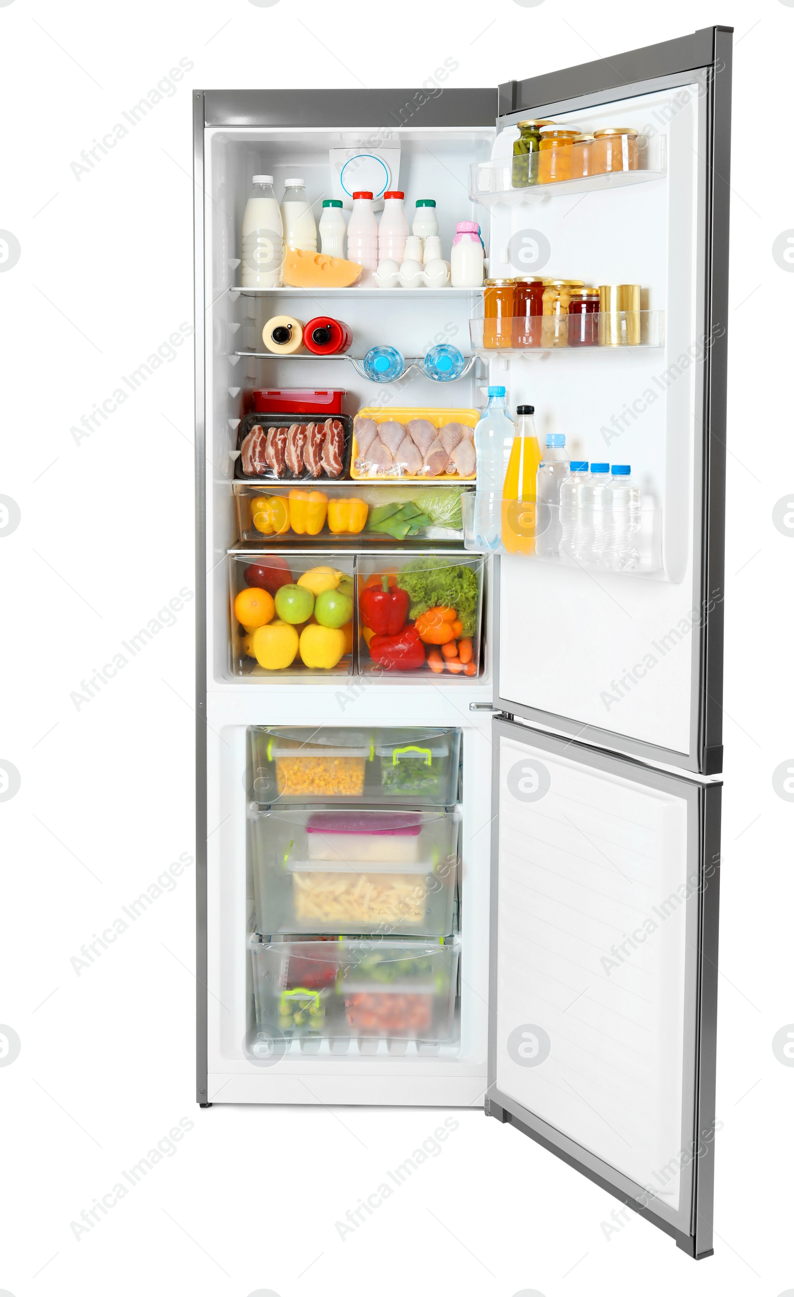 Photo of Open refrigerator with many different products on white background