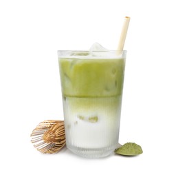 Photo of Glass of tasty iced matcha latte, bamboo whisk, spoon and powder isolated on white