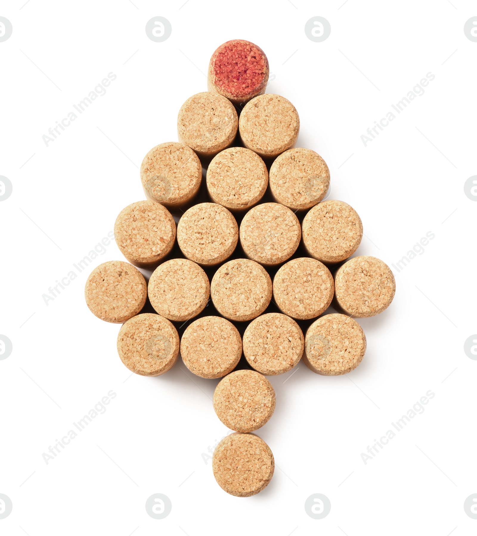 Photo of Christmas tree made of wine bottle corks isolated on white, top view