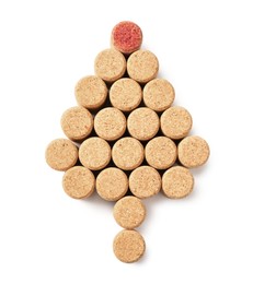 Photo of Christmas tree made of wine bottle corks isolated on white, top view