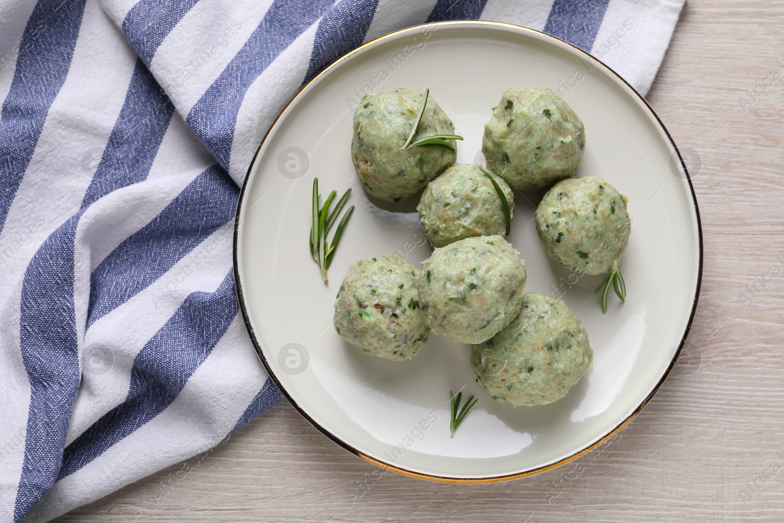 Photo of Tasty falafel balls on white wooden table, top view. Vegan products