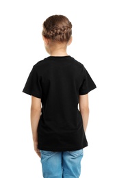 Little girl in t-shirt on white background. Mockup for design