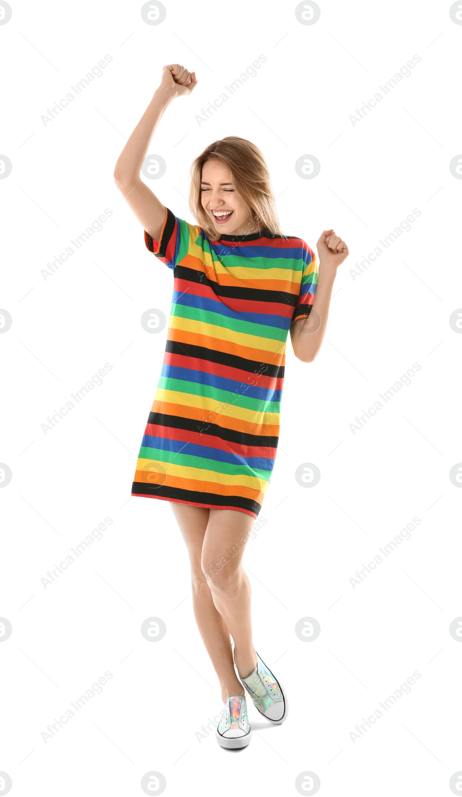 Photo of Full length portrait of emotional woman on white background