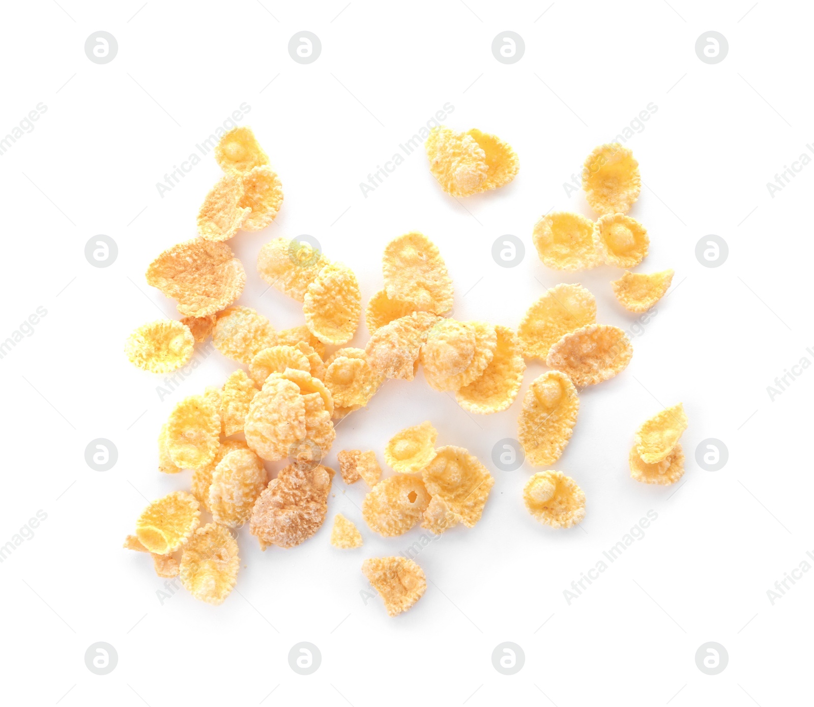 Photo of Corn flakes on white background. Healthy grains and cereals