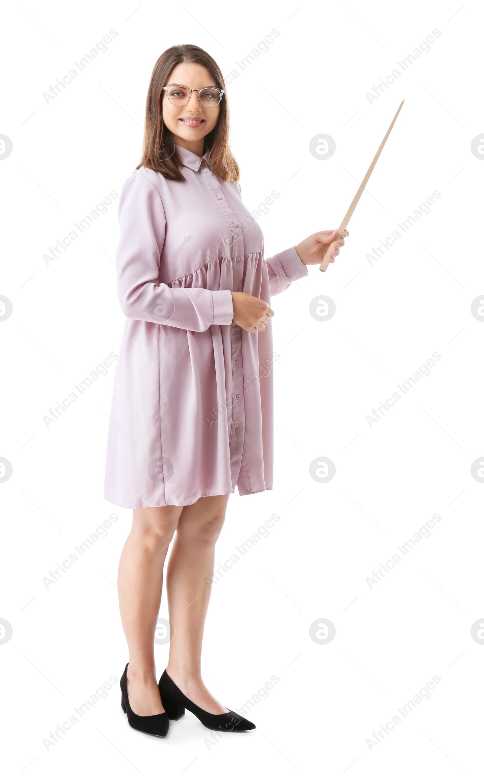 Photo of Female teacher with pointer on white background