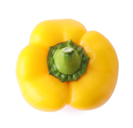 Photo of Ripe yellow bell pepper isolated on white, top view