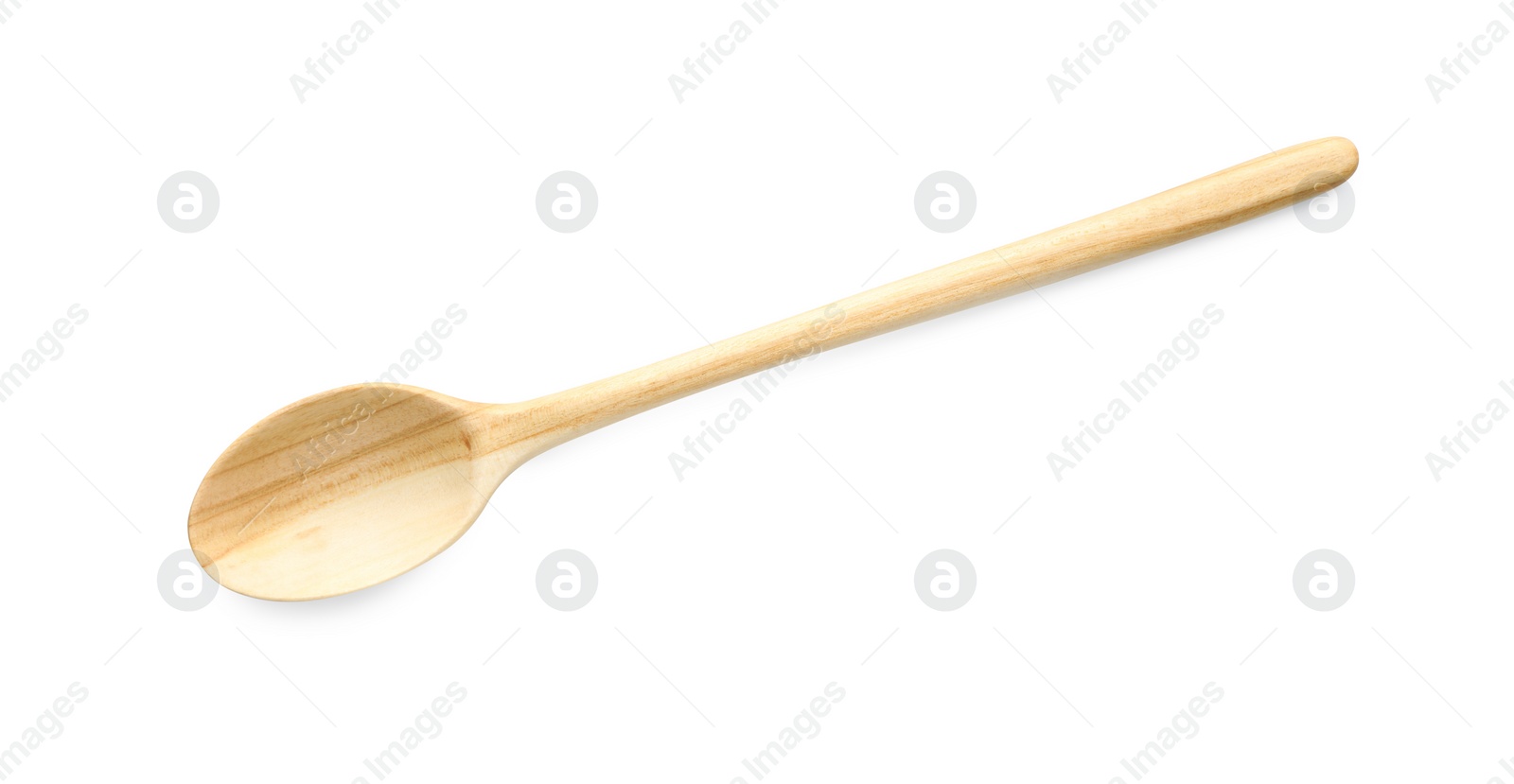 Photo of One empty wooden spoon isolated on white, top view