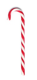 Sweet candy cane on white background, top view. Christmas treat 