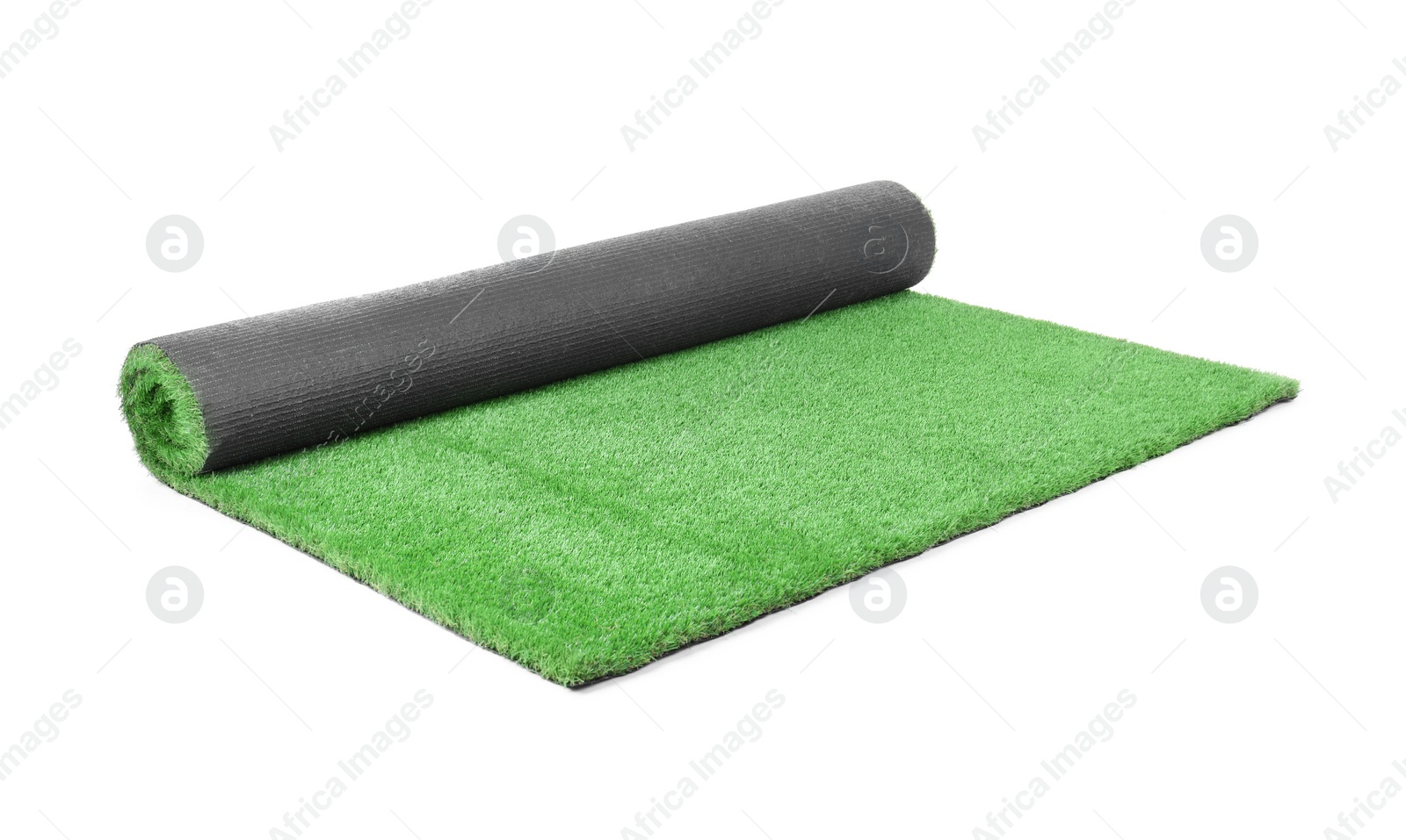 Photo of Rolled artificial grass carpet on white background. Exterior element