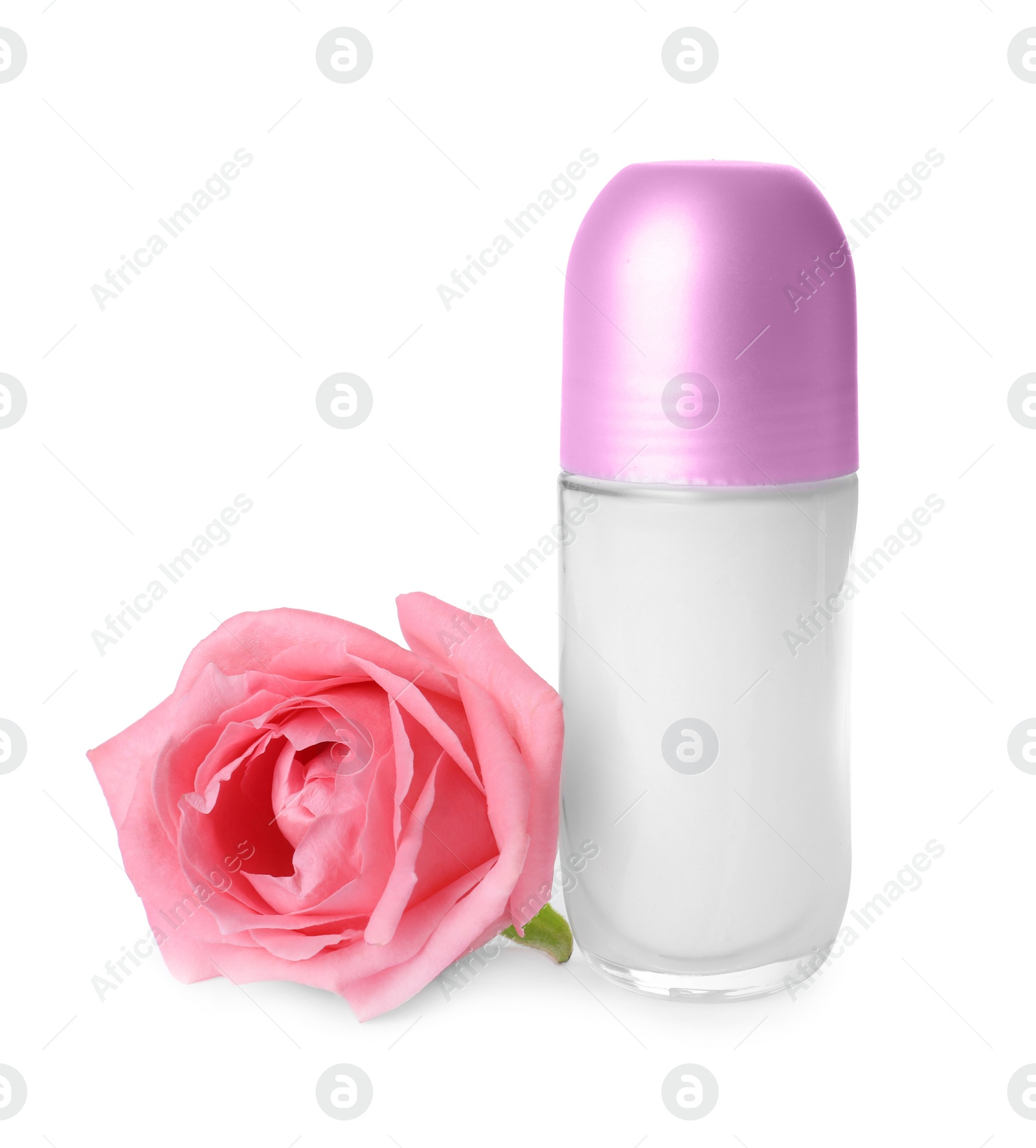 Photo of Natural female roll-on deodorant with rose on white background