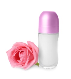 Photo of Natural female roll-on deodorant with rose on white background
