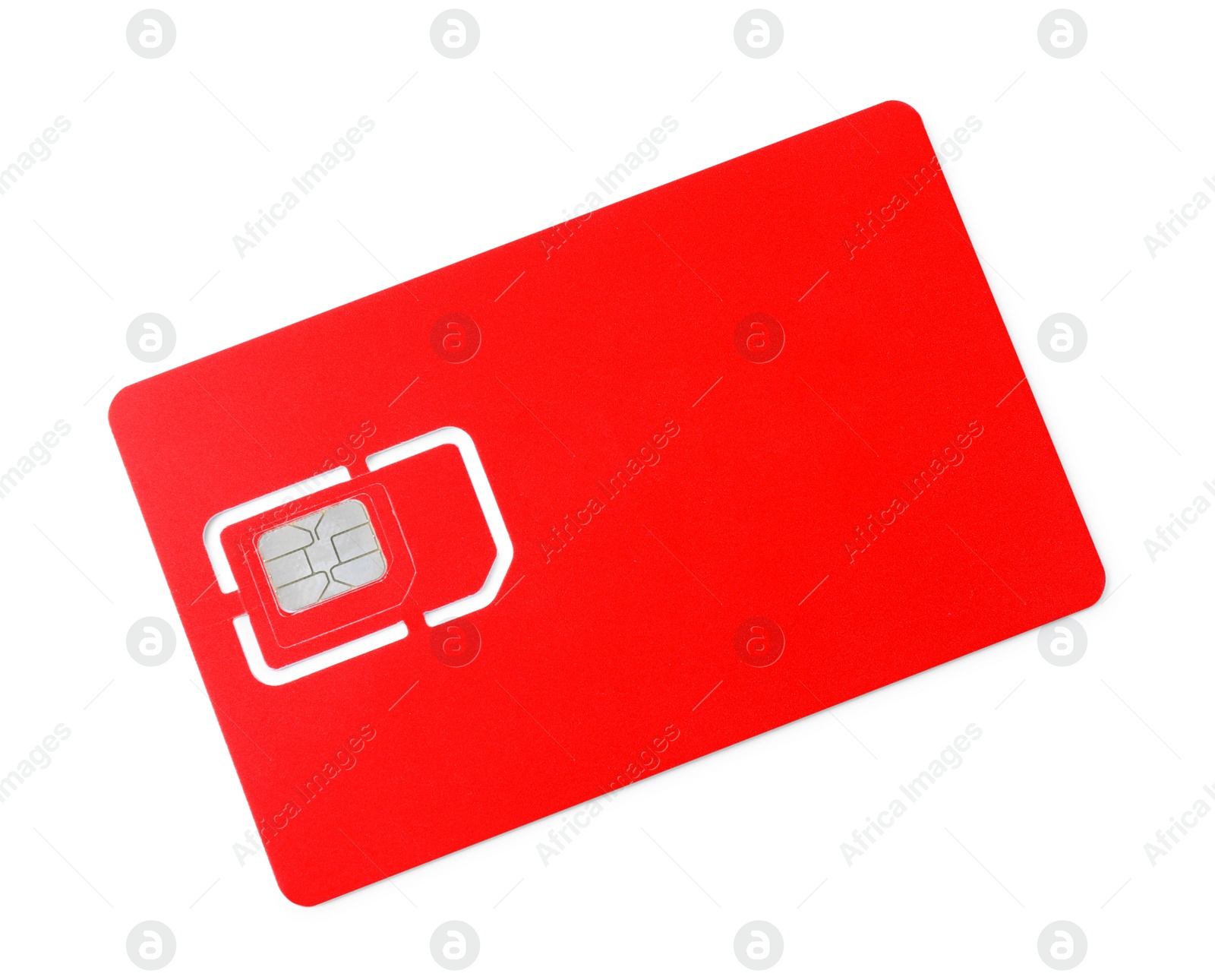 Photo of Modern red SIM card isolated on white, top view