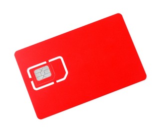 Modern red SIM card isolated on white, top view