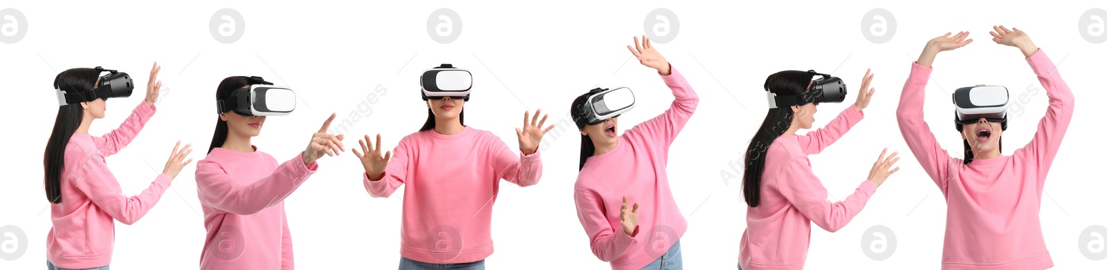 Image of Young woman using virtual reality headset on white background, collage. Banner design