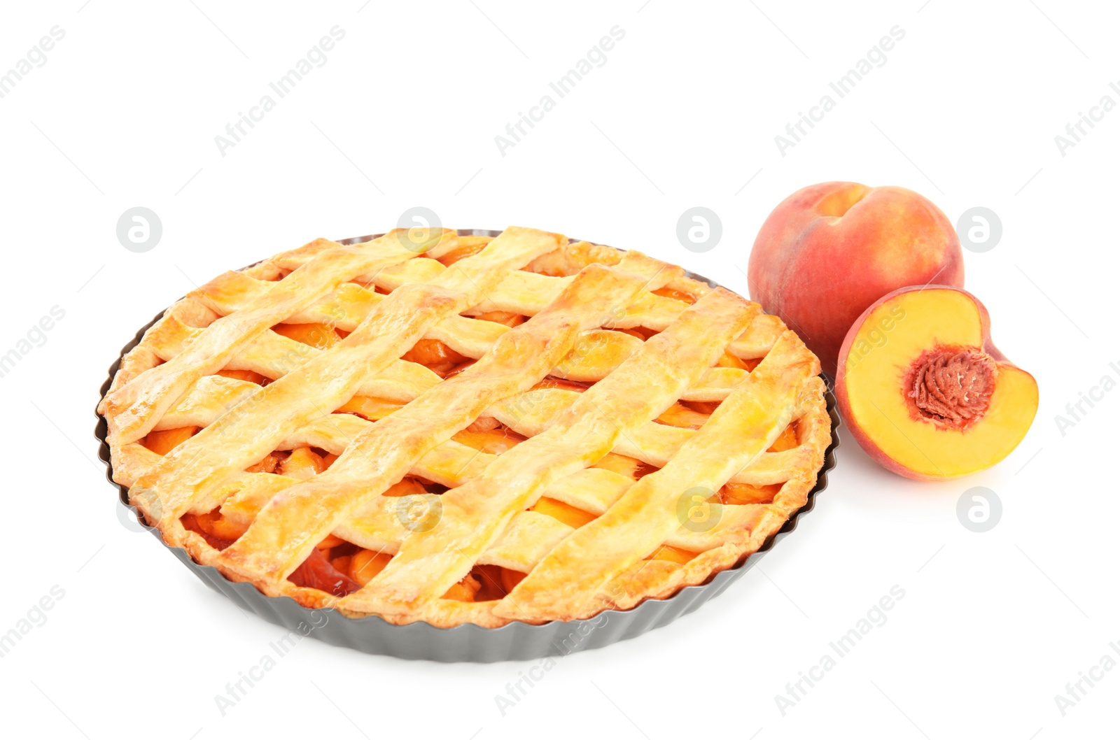 Photo of Delicious peach pie and fresh fruits isolated on white