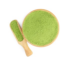 Photo of Bowl and scoop with matcha powder isolated on white, top view